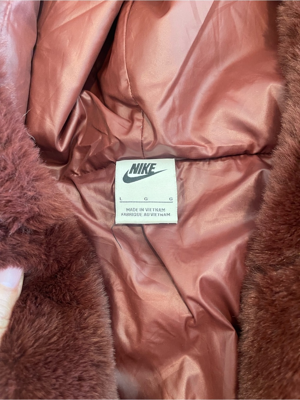 Nike Womenâs Teddy Jacket in Rust Brown with Plush Fur Trim
